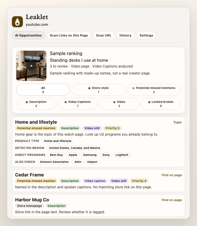 Sample Leaklet ranking of a YouTube desk video, with Description, Video Captions, and Video tabs. Made-up names: Cedar Frame and Harbor Mug Co. US Direct programs include Best Buy and Logitech.